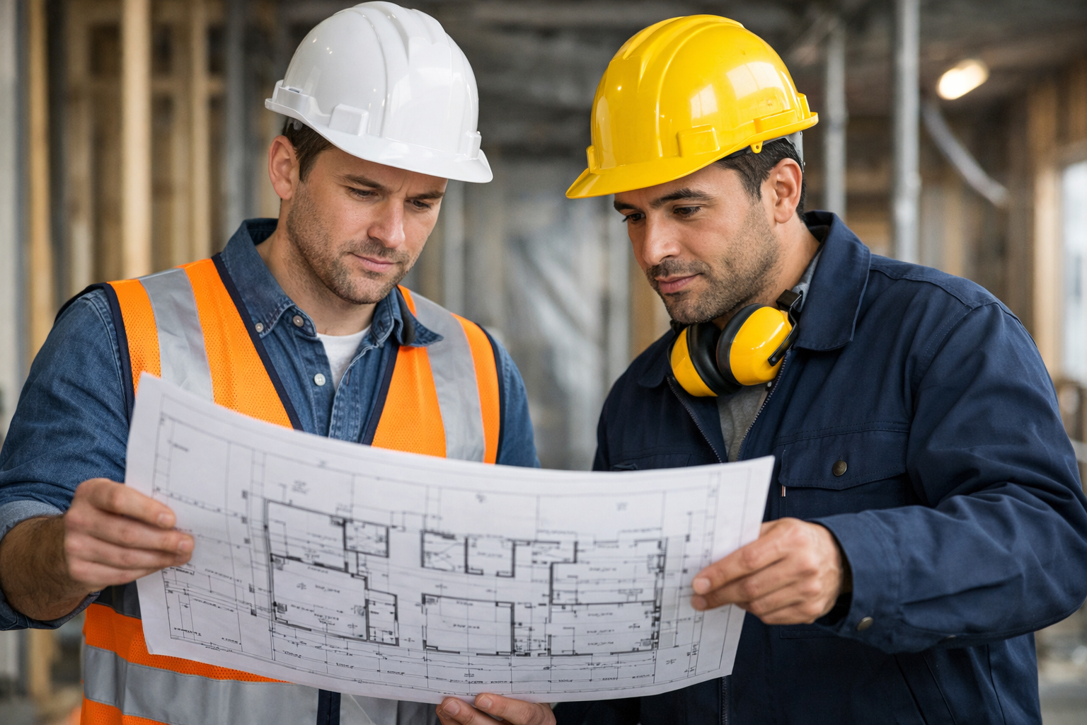 Professional builders working on-site, representing construction and soundproofing installation services.