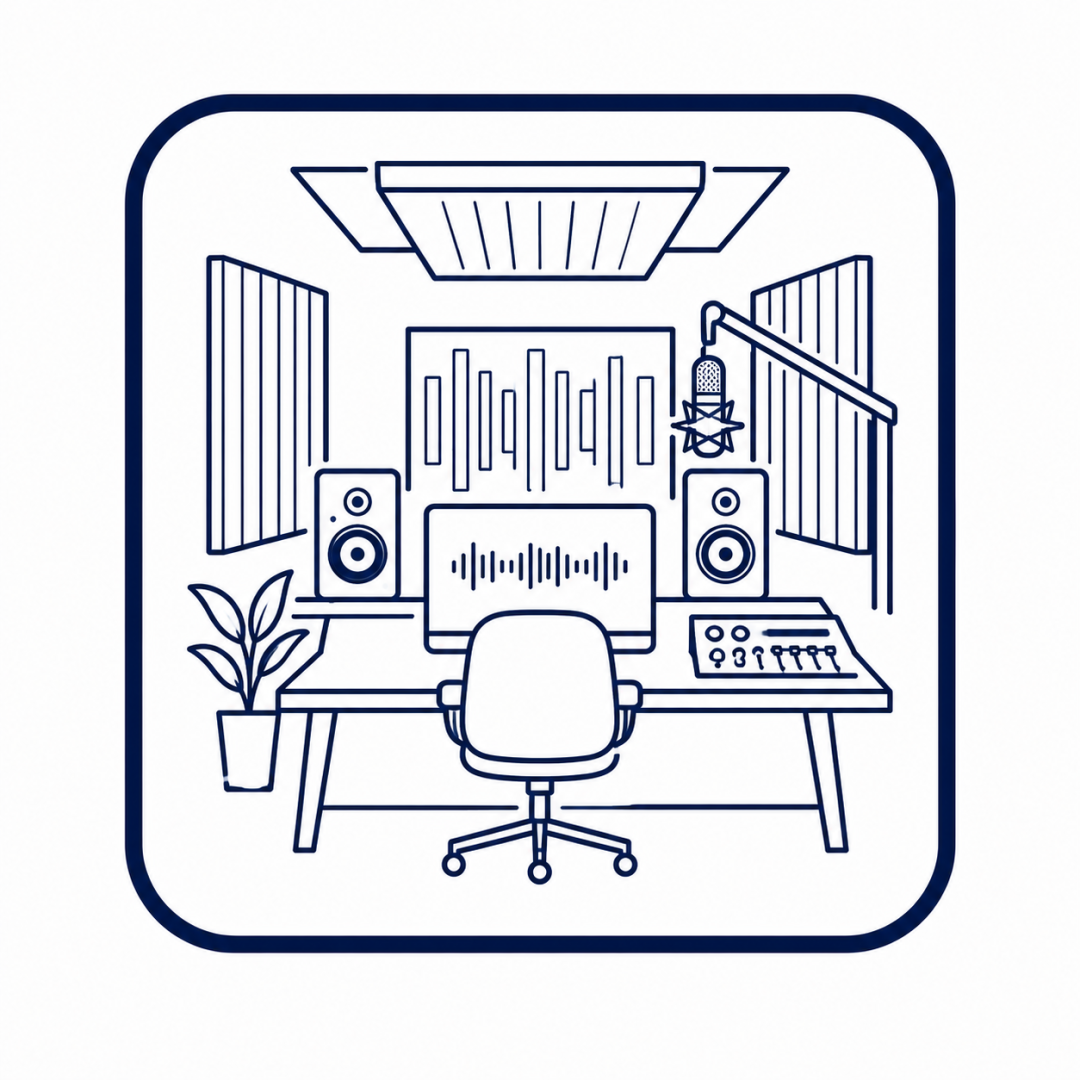 Recording studio setup with computer monitor, dual speakers, microphone, mixing console, chair, and acoustic panels in a rounded frame.