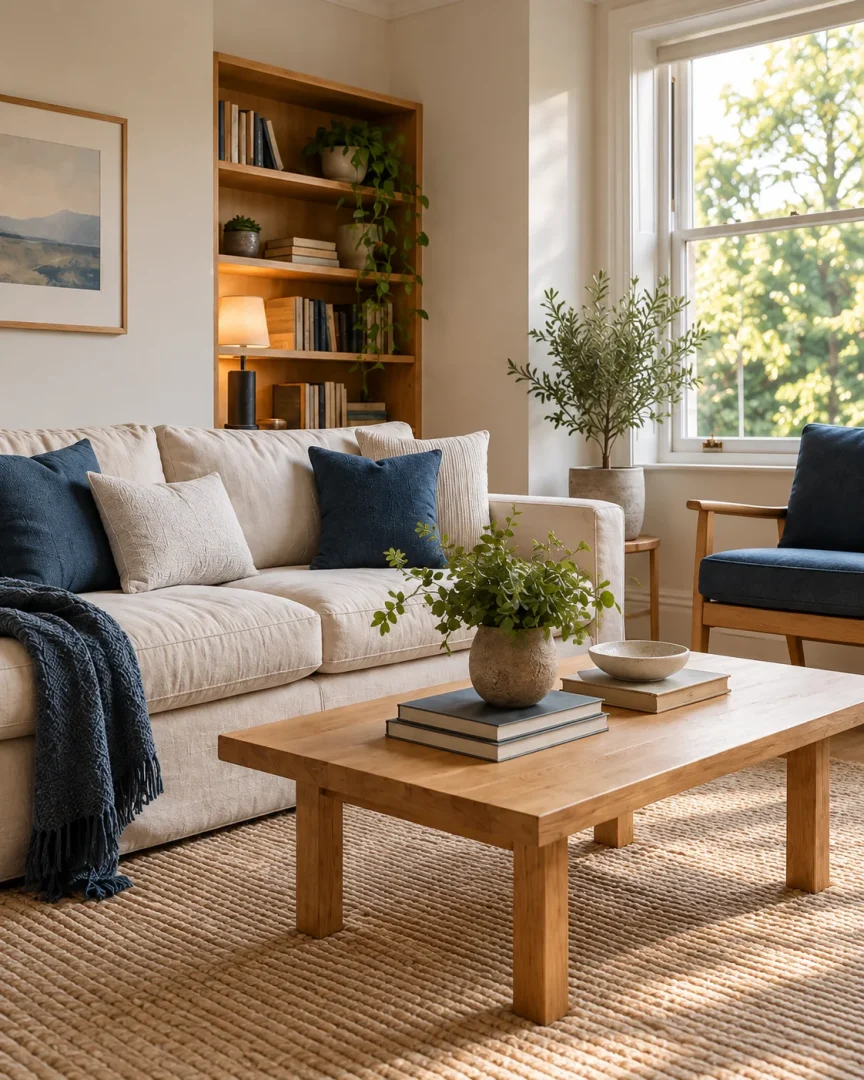 Light-filled living room with a linen sofa and navy cushions
